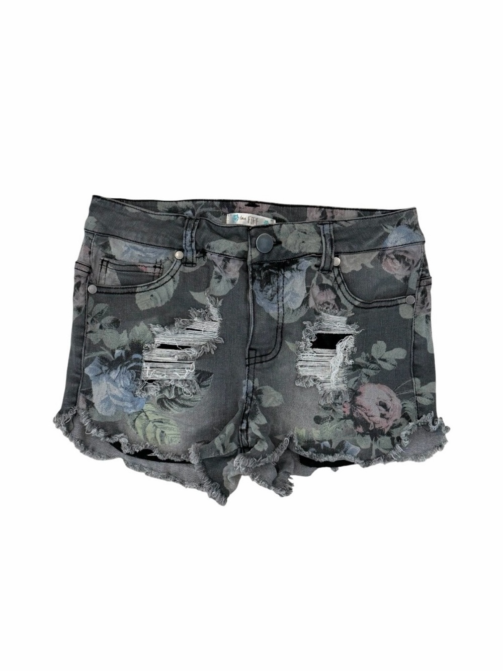 Love Fire Juniors 7 Gray Floral Jean Shorts Distressed Frayed Hem